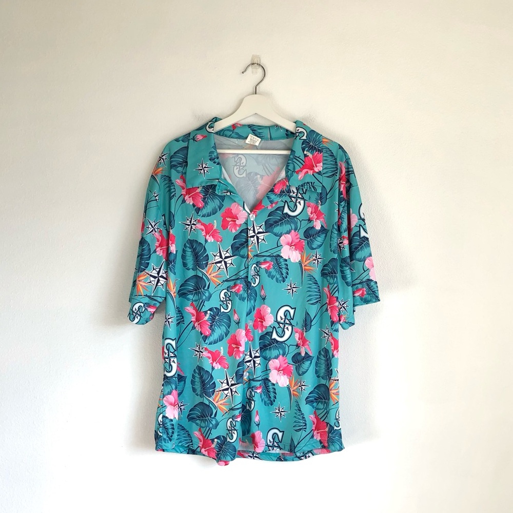 Seattle Mariners Turquoise / Pink Aloha Night Floral Button Up Shirt Size XL